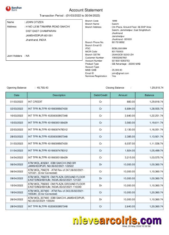India Bandhan bank statement, Word and PDF format, 2 pages
